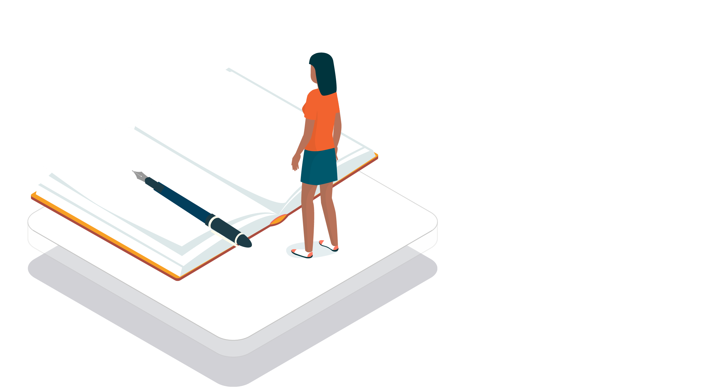 illustration of miniature person looking down at big book, with a pen lying across it